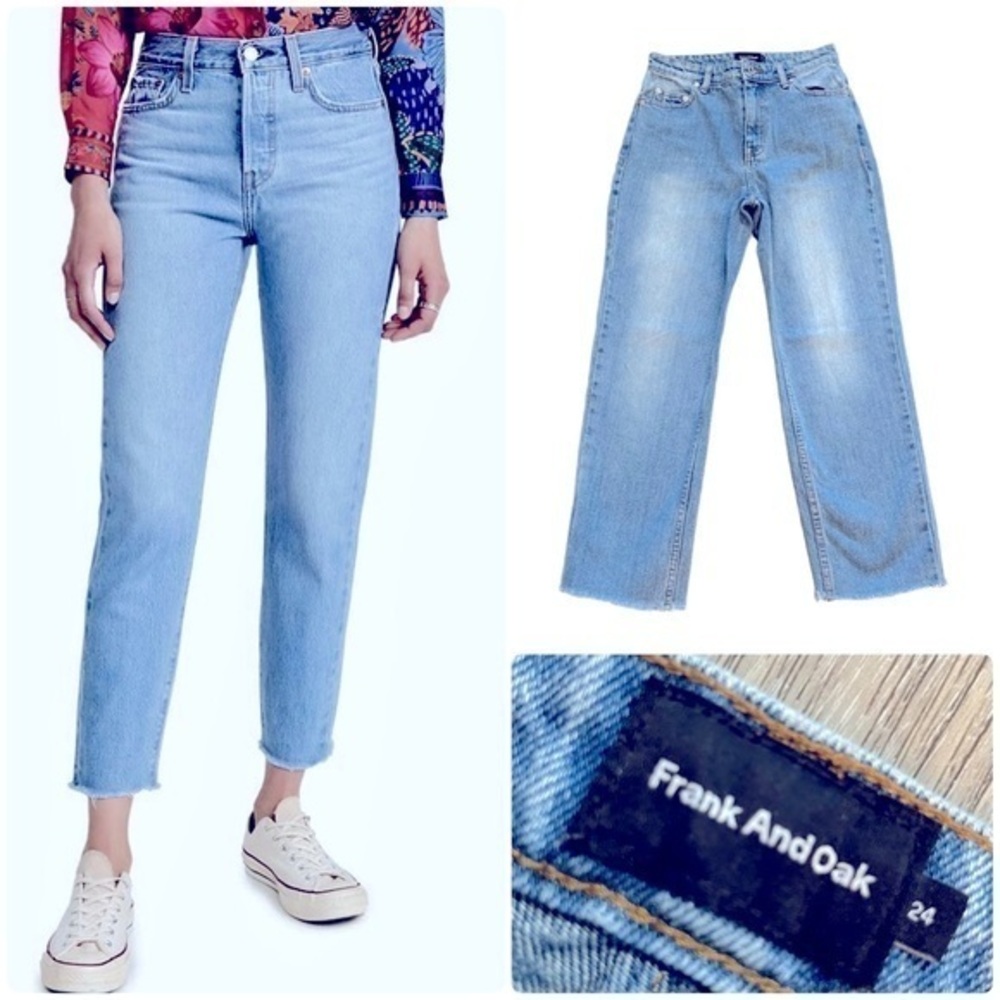 Frank & Oak Straight-Leg High Rise Ankle Jeans With Distressed Hem